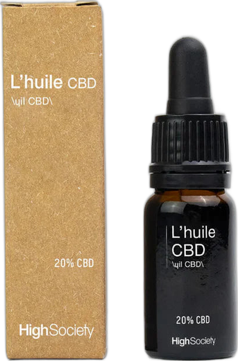 Flacon d'huile CBD 20 % High Society à côté de sa boîte en carton