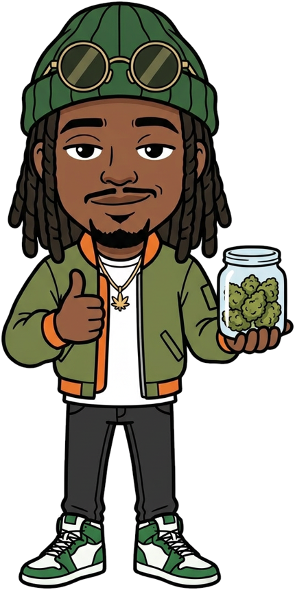 Marley, pouce levé, tient un bocal d'Amnesia CBD