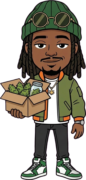 Marley tient un colis ouvert rempli de fleurs CBD