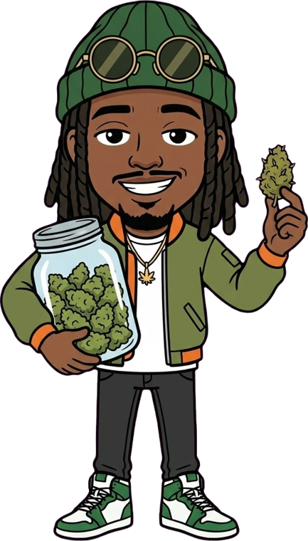 Marley porte un grand bocal de fleurs de CBD sous le bras