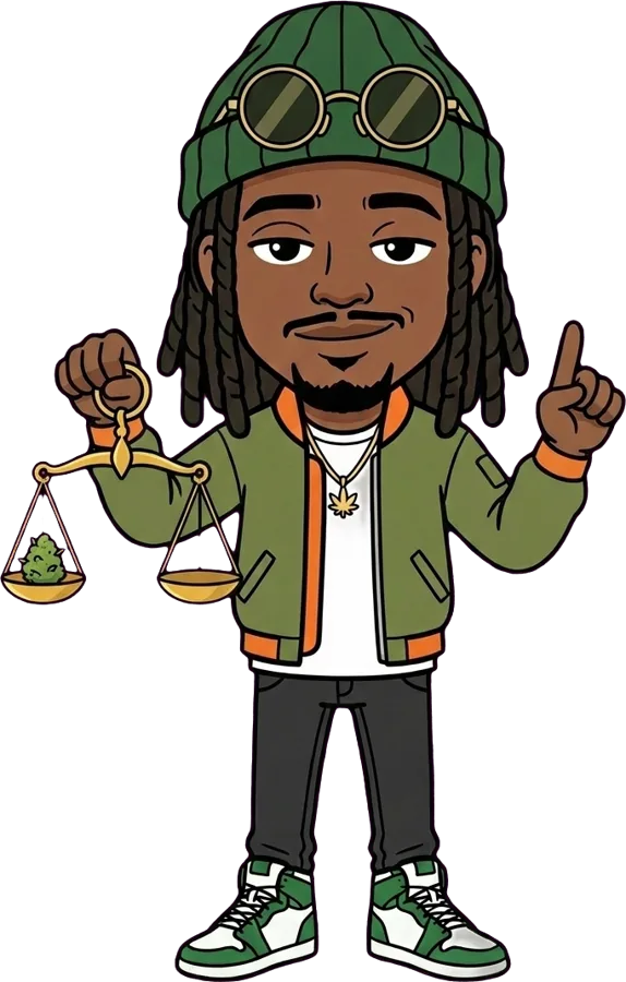 Marley tient une balance dorée avec une fleur de CBD sur un plateau et lève l'index