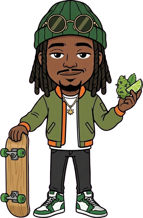 Marley appuyé sur un skateboard, une fleur d'OG Kush à la main avec de la menthe et du citron vert