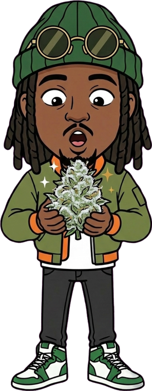 Marley, les yeux écarquillés, tient une énorme fleur de CBD couverte de givre