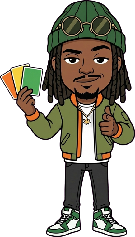 Marley tient trois cartes et te montre du doigt