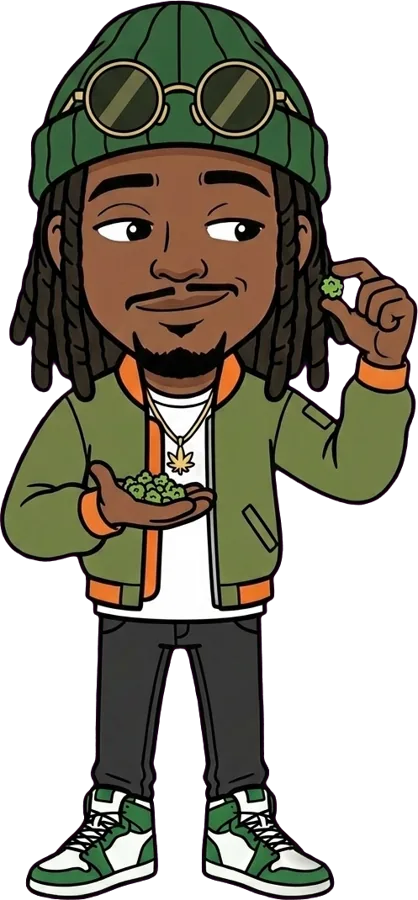 Marley tient une poignée de petites têtes de CBD et en regarde une de près