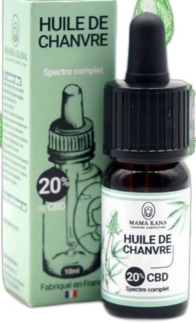 Flacon d'huile de chanvre CBD 20 % Mama Kana et sa boîte