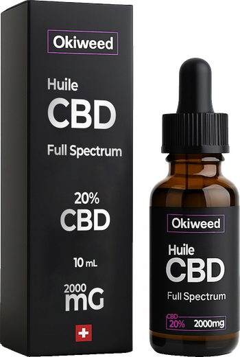 Flacon d'huile CBD 20 % Okiweed à côté de sa boîte noire